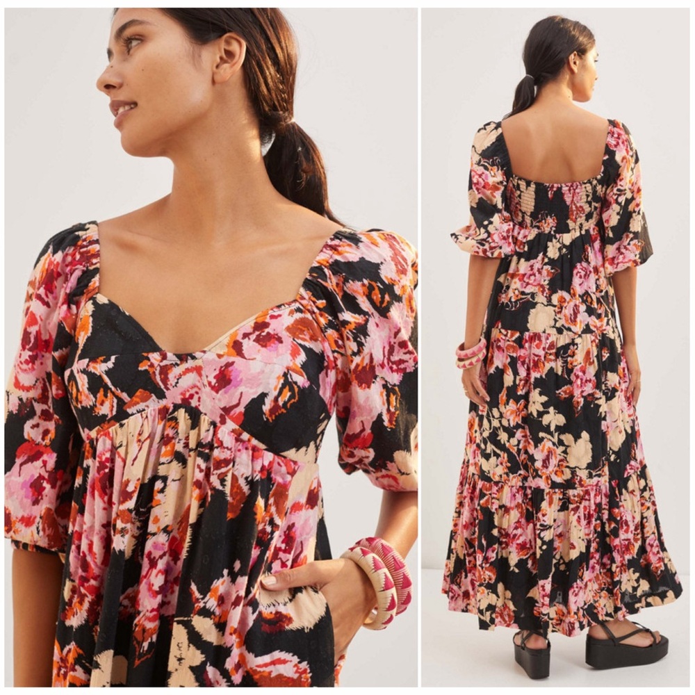 NWT Anthropologie Blossom Black and Pink Floral Maxi Dress